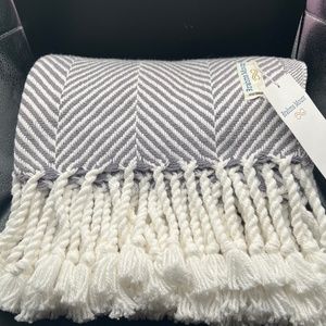 Brahms Mount Monhegan Fringed Cotton Throw - Slate Grey and White Herringbone